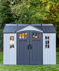 Front view of 10x8 Ft Gray Resin Outdoor Storage Shed With Dual Entry Doors Weather Resistant Tool Shed Steel Reinforced Walls