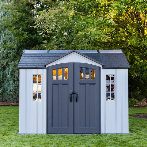 Front view of 10x8 Ft Gray Resin Outdoor Storage Shed With Dual Entry Doors Weather Resistant Tool Shed Steel Reinforced Walls