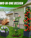 Two Pack Raised Garden Bed Tomato Planter Box With Trellis, 44.8 Inch Self Watering Cage For Climbing Plants, showcasing flowers and tomatoes
