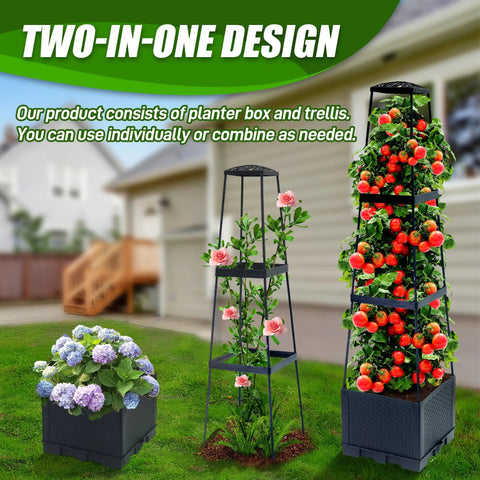 Two Pack Raised Garden Bed Tomato Planter Box With Trellis, 44.8 Inch Self Watering Cage For Climbing Plants, showcasing flowers and tomatoes