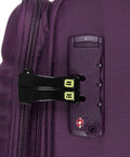 Close-up of TSA lock on Circulator 22 Inch Softside Carry On With Expandable 8 Wheel Spinner in Italian Plum color.