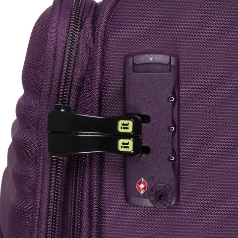 Close-up of TSA lock on Circulator 22 Inch Softside Carry On With Expandable 8 Wheel Spinner in Italian Plum color.