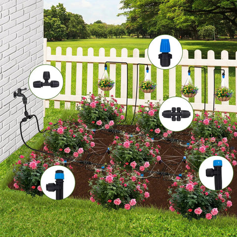 All In One 240 Foot Drip Irrigation Kit With Quick Connects for garden raised beds, showing hose and emitters in use.