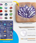 Gemstone Dig Kit For Kids With 15 Real Gemstones And Crystals Hands On Science Toy Showing Dig Brick, Tools, and Gemstone Guide