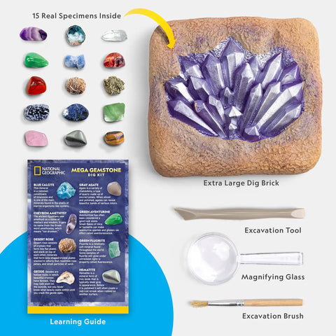 Gemstone Dig Kit For Kids With 15 Real Gemstones And Crystals Hands On Science Toy Showing Dig Brick, Tools, and Gemstone Guide
