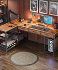 55 Inch L Shaped Desk With Power Outlets, USB Port And Type C Port, Big Computer Gaming Desk With Fabric Drawers and Mesh Shelves