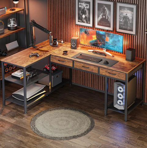 55 Inch L Shaped Desk With Power Outlets, USB Port And Type C Port, Big Computer Gaming Desk With Fabric Drawers and Mesh Shelves