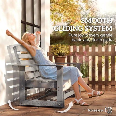 Woman relaxing on Two Person Outdoor Glider Bench For Backyards And Patios In Weather Resistant HDPE Distressed Gray
