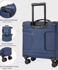 Rear view of navy underseat carry on luggage 15 inch softside with spinner wheels USB port