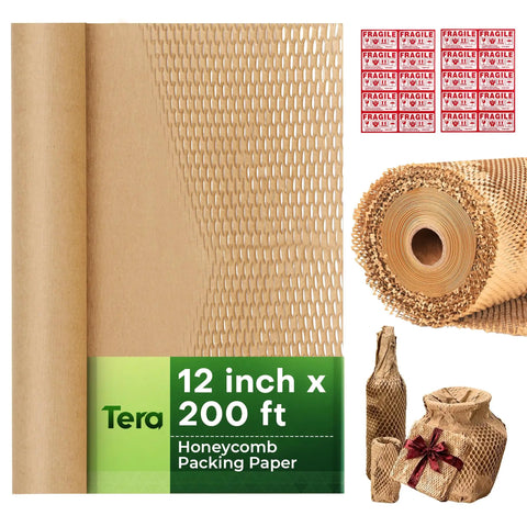 Eco Friendly Honeycomb Packing Paper Roll Pro Grade 12 Inch By 200 Foot Biodegradable Kraft Cushioning For Moving And Shipping Recyclable Packaging Substitute For Bubble Wrap Includes 20 Fragile Sticker Labels