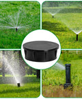 4 Pack Sprinkler Head Cap With Sealing Ring Spray Shut Off Covers For Outdoor Lawn Yard Garden Irrigation Black Easy Replacement For Sprinkler Heads 1.8 Inch Diameter shown in use on a green lawn.