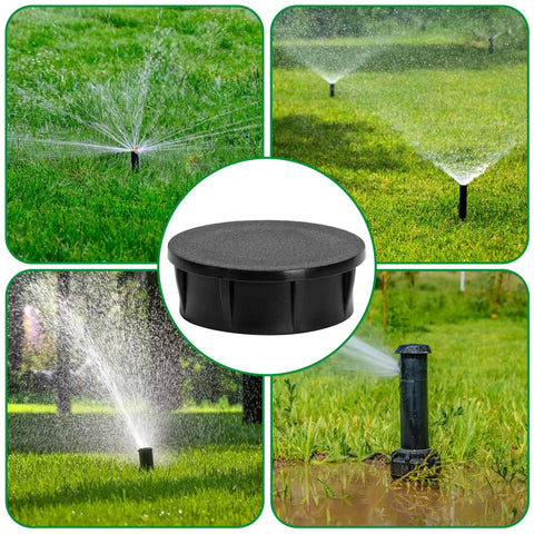 4 Pack Sprinkler Head Cap With Sealing Ring Spray Shut Off Covers For Outdoor Lawn Yard Garden Irrigation Black Easy Replacement For Sprinkler Heads 1.8 Inch Diameter shown in use on a green lawn.