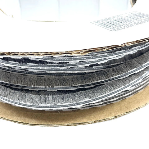 Close-up of 100 Ft Roll Zipper Pile Weatherstrip with 0.250 Inch Pile Height and 0.187 Inch Backing Gray for doors and windows