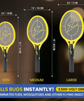 Three sizes of High Voltage Bug Zapper Racket With 3500 Volt Grid Battery Powered Two Pack Includes Two AAs Instant Mosquito And Fly Elimination Portable Indoor Outdoor Bug Catcher Safe Easy Push Button Activation shown.