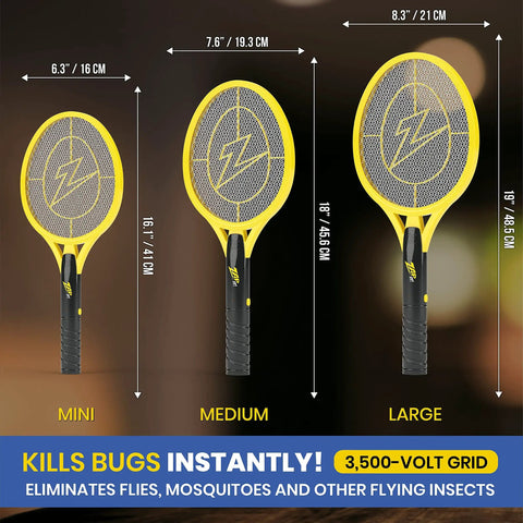 Three sizes of High Voltage Bug Zapper Racket With 3500 Volt Grid Battery Powered Two Pack Includes Two AAs Instant Mosquito And Fly Elimination Portable Indoor Outdoor Bug Catcher Safe Easy Push Button Activation shown.