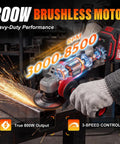 High Octane Brushless Cordless 4-1/2 To 5 Inch Angle Grinder Kit with 800W motor cutting metal, sparks flying from use.
