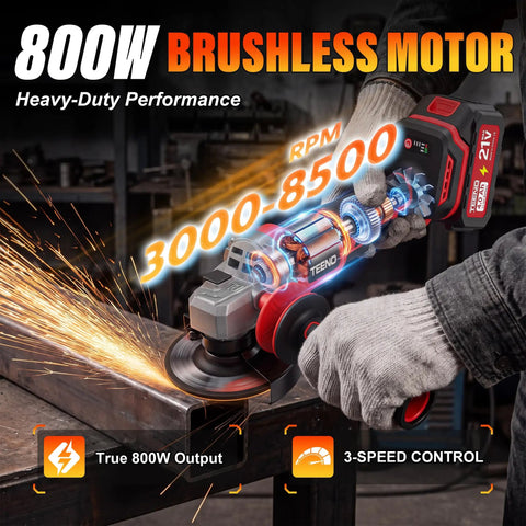 High Octane Brushless Cordless 4-1/2 To 5 Inch Angle Grinder Kit with 800W motor cutting metal, sparks flying from use.