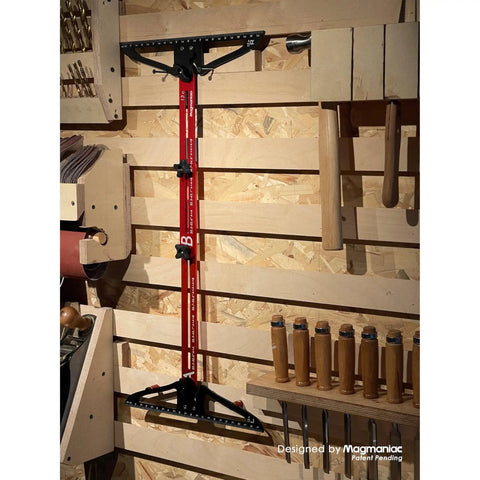 Heavy Duty Stair Tread Template Tool With Rock Solid Clamping Gauge For Dead On Radius Cuts No Sweat Precision Layout Ruler displayed on wall.