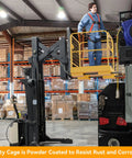 Rock Solid Forklift Safety Cage 36 X 36 Inches Heavy Duty Steel Man Basket with worker elevated for clean job tasks.