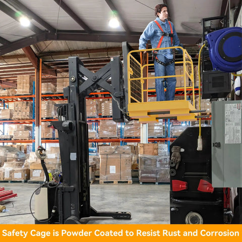 Rock Solid Forklift Safety Cage 36 X 36 Inches Heavy Duty Steel Man Basket with worker elevated for clean job tasks.