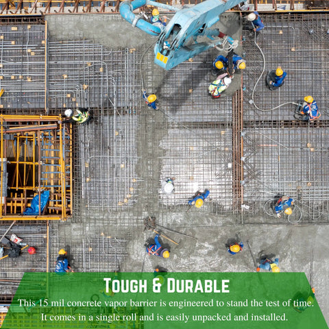 Construction site with workers using Heavy Duty 15 Mil Concrete Vapor Barrier Plastic Sheeting, 7 Ft By 70 Ft Roll in foundation slab