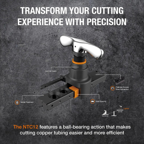 Pro Grade Flaring Tool Set NTF66C with NTC12 Tubing Cutter, Internal Clutch Support, Axial Spacing, Eccentric Cone on gray background