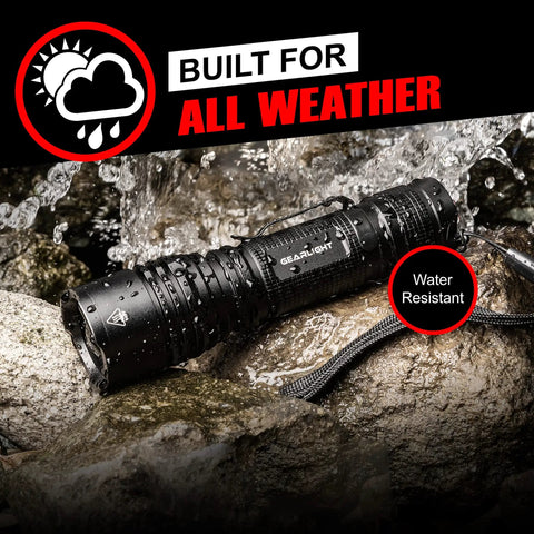 Ultra Bright Tactical Flashlight For EDC Mini Size Compact Powerhouse With Military Grade Aluminum Build Drop Resistant And Water Resistant Ideal For Everyday Carry And Emergency Use, shown on rocky surface with water splashes highlighting water resistance.
