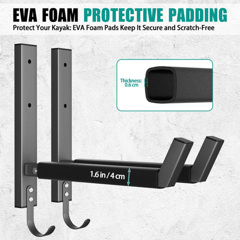 Built Like A Tank Wall Mount Kayak Storage Rack With Paddle Hooks showing EVA foam protective padding and dimensions.