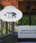 Outdoor Ceiling Fan And Luminaire Box White Round Weatherproof Electrical Box for ceiling fans, lights, installed on patio.