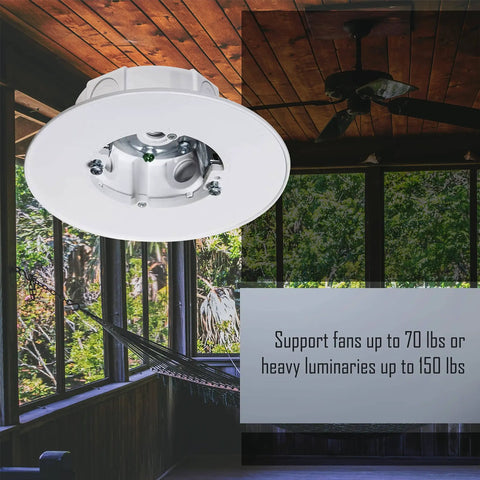 Outdoor Ceiling Fan And Luminaire Box White Round Weatherproof Electrical Box for ceiling fans, lights, installed on patio.
