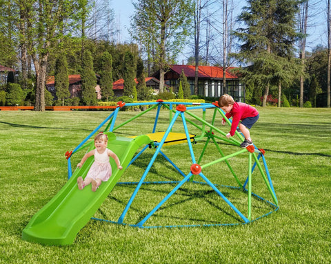 Children playing on Climbing Dome With Slide 8Ft Jungle Gym For Backyard 2 In 1 Outdoor Climbing Frame Playset