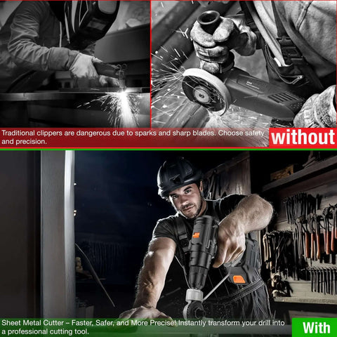 Worker using drill powered sheet metal nibbler attachment for steel, aluminum, copper, and iron with clean, smooth cuts
