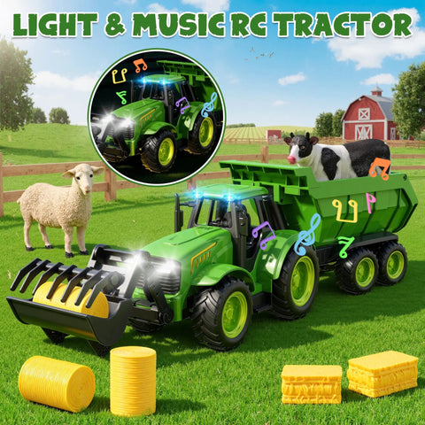 Awesome Realistic RC Farm Tractor Toy With Front Loader And Trailer, Lights And Music, 2.4GHz Remote Control Vehicle With Sheep And Cow