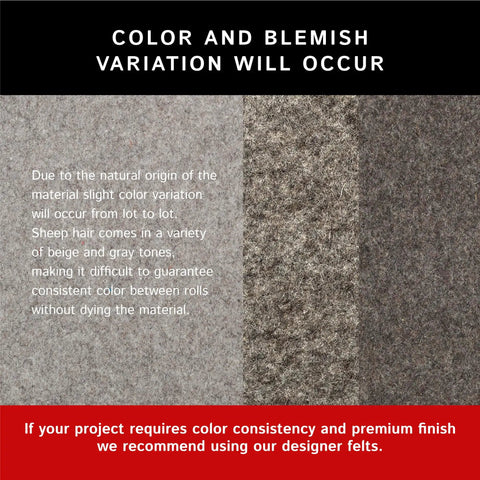 F-7 Industrial Felt color and blemish variation examples due to natural sheep hair, highlighting premium wool blend features.