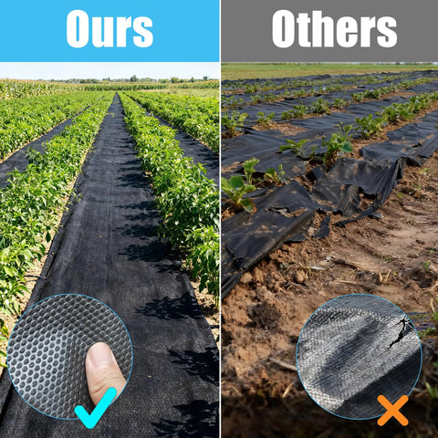 Comparison of Built Tough 4Oz Nonwoven Geotextile Weed Barrier Fabric 3Ft By 100Ft Heavy Duty Landscape with standard fabric in garden.