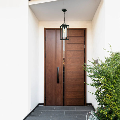 Water Hill 1 Light Outdoor Wall Sconce, modern dimmable LED waterproof lantern hanging by a wooden door on a porch