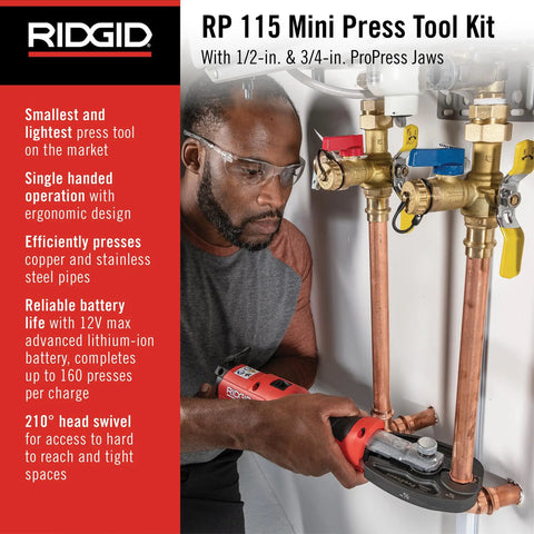 Man using Ultra Lightweight Mini Press Tool Kit With ProPress Jaws For One Half To Three Quarters Inch on copper pipes