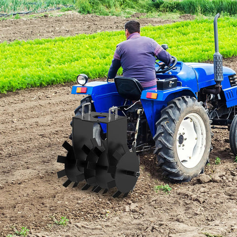 32 Inch Heavy Duty Disc Plow Harrow Two Pack For ATV UTV Tow Behind With 2 Inch Hitch in action on farm soil with blue tractor.