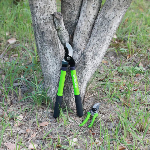 Limb And Branch Pruner Tool Set with 15in lopper and 8in pruner, steel blades, green handles, in front of a tree base.