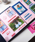Scrapbook pages with photos, decorative labels from Embossing Label Maker Kit With 3 Tapes Ergonomic Handheld Labeler.