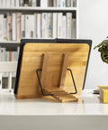Back view of Bamboo Adjustable Book Stand With Tray And Clips, Portable Reading Desk For Cookbooks And Textbooks, Five Angle Positions.