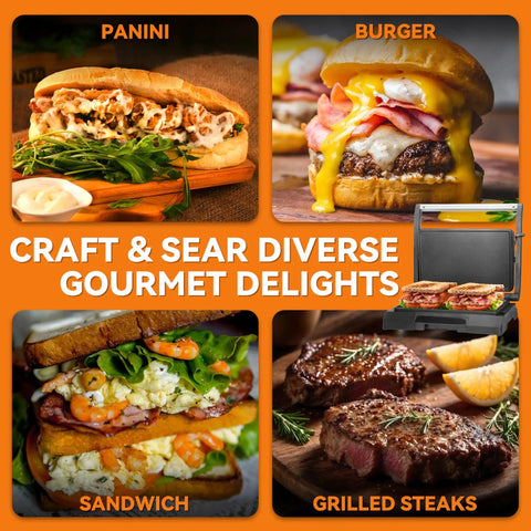 Bakers Friend Mini Panini Press Electric Griddle Non Stick Surface cooking panini, burger, sandwich, and grilled steak dishes.