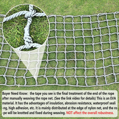 Playground Climbing Net And Cargo Rope Kit For Outdoor Fun Nylon Rope Ladder Swing Balcony Banister Guard Mesh Durable Safety Net For Kids 6.6ft By 6.6ft Gray showing close-up of knot detail on grass.