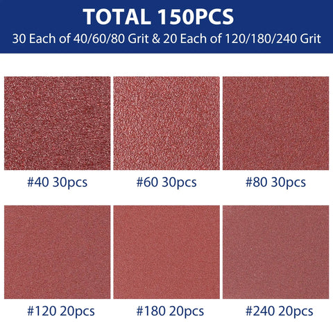 150 Piece Triangle Sanding Pads Set For Oscillating Multi Tool 3 Inch And One Eighth showing various grit numbers and quantities.