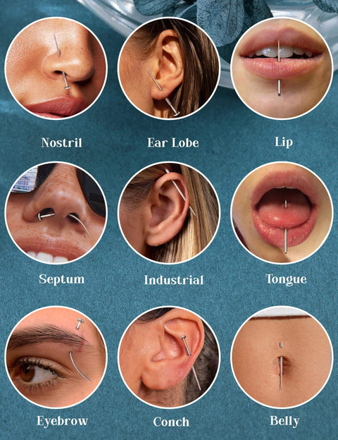 Variety of piercings shown including nostril, ear lobe, lip, septum, industrial, tongue, eyebrow, conch, and belly with threader kit