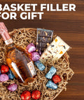Basket with wine, chocolates, and 2.2 Lb Brown Crinkle Shredded Paper For Gift Baskets And Gift Boxes as filler
