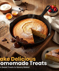 Premium Cast Iron Skillet Set 6, 8, 10 Inch Preseasoned Frying Pans PFAS-Free baking a cake with chocolate sauce on wooden table