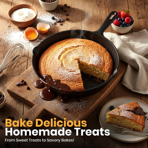 Premium Cast Iron Skillet Set 6, 8, 10 Inch Preseasoned Frying Pans PFAS-Free baking a cake with chocolate sauce on wooden table