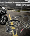 Waterproof Go-To Motorcycle Dual USB Charger Kit With SAE To USB Adapter Cable And Ring Terminal Harness, shown on road