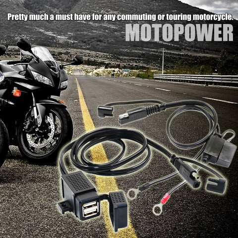 Waterproof Go-To Motorcycle Dual USB Charger Kit With SAE To USB Adapter Cable And Ring Terminal Harness, shown on road